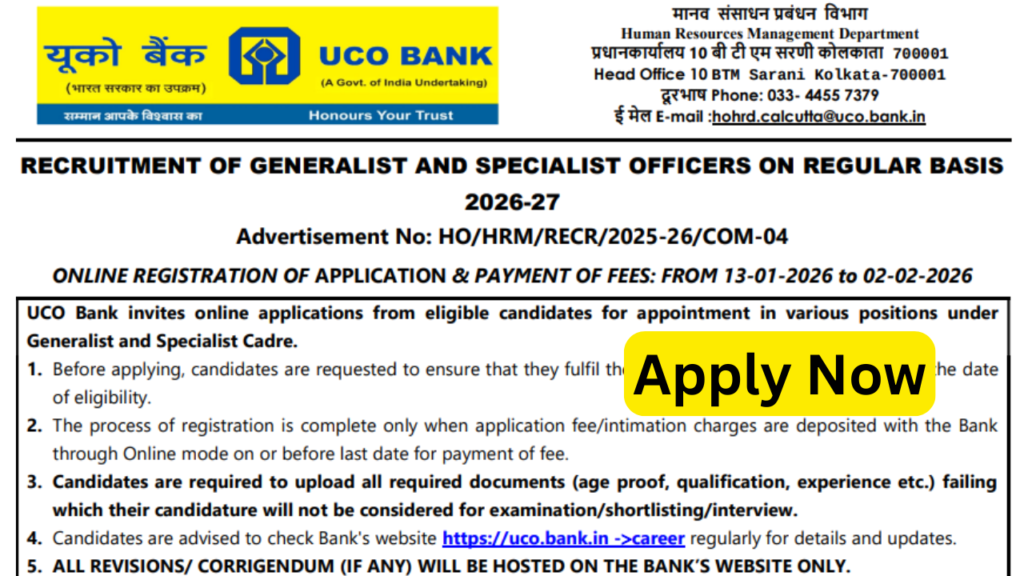 UCO Bank SO recruitment 2026